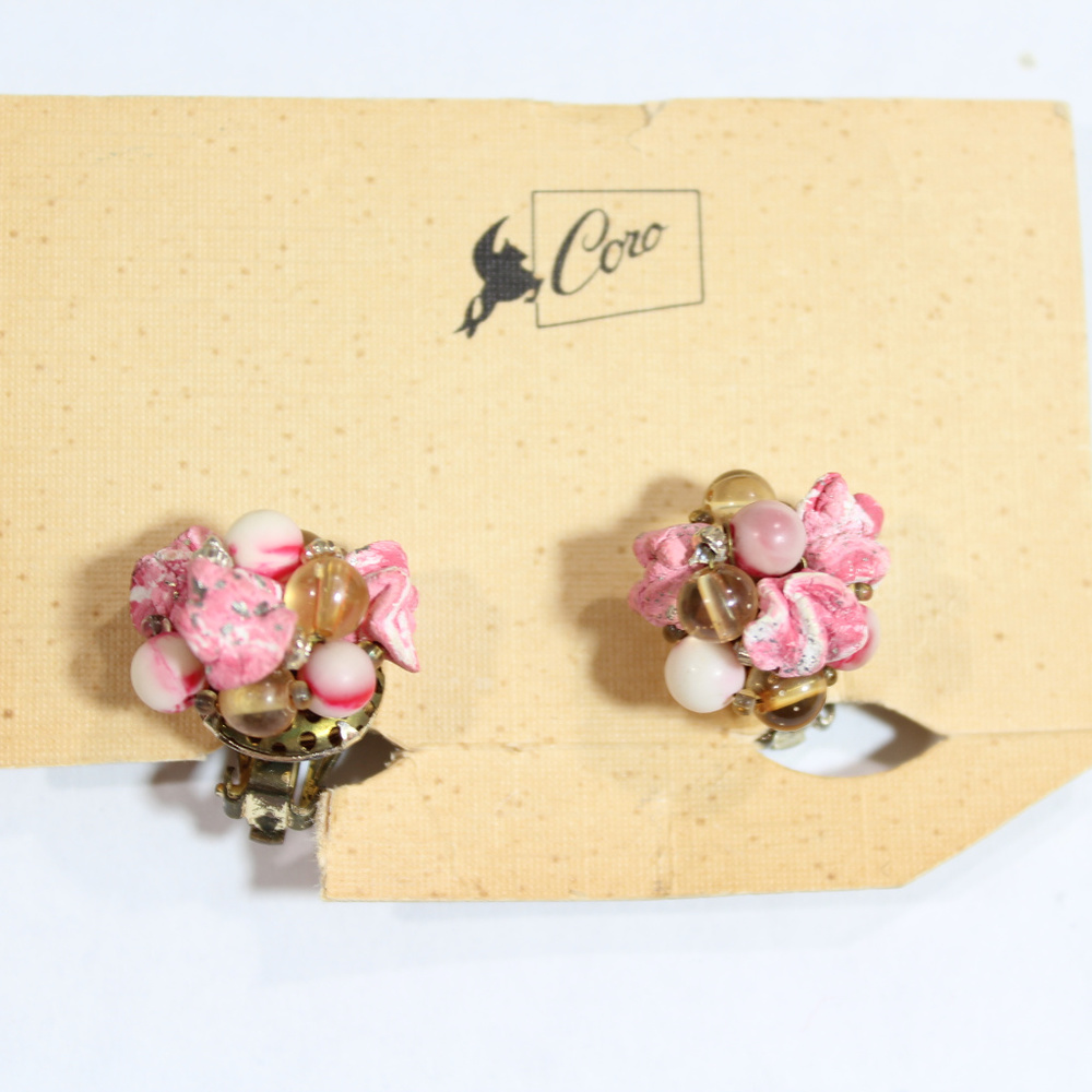 Vintage Mid Century 1950s Pink Beaded Coro Earrings Pinup Clip-on